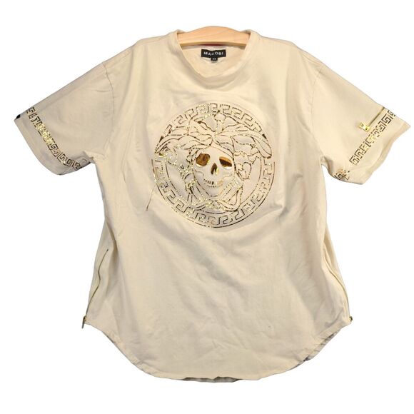 Makobi Womens Top Plus Size 3X Cream Shirt Shiny Skull Graphic Logo - Picture 1 of 12